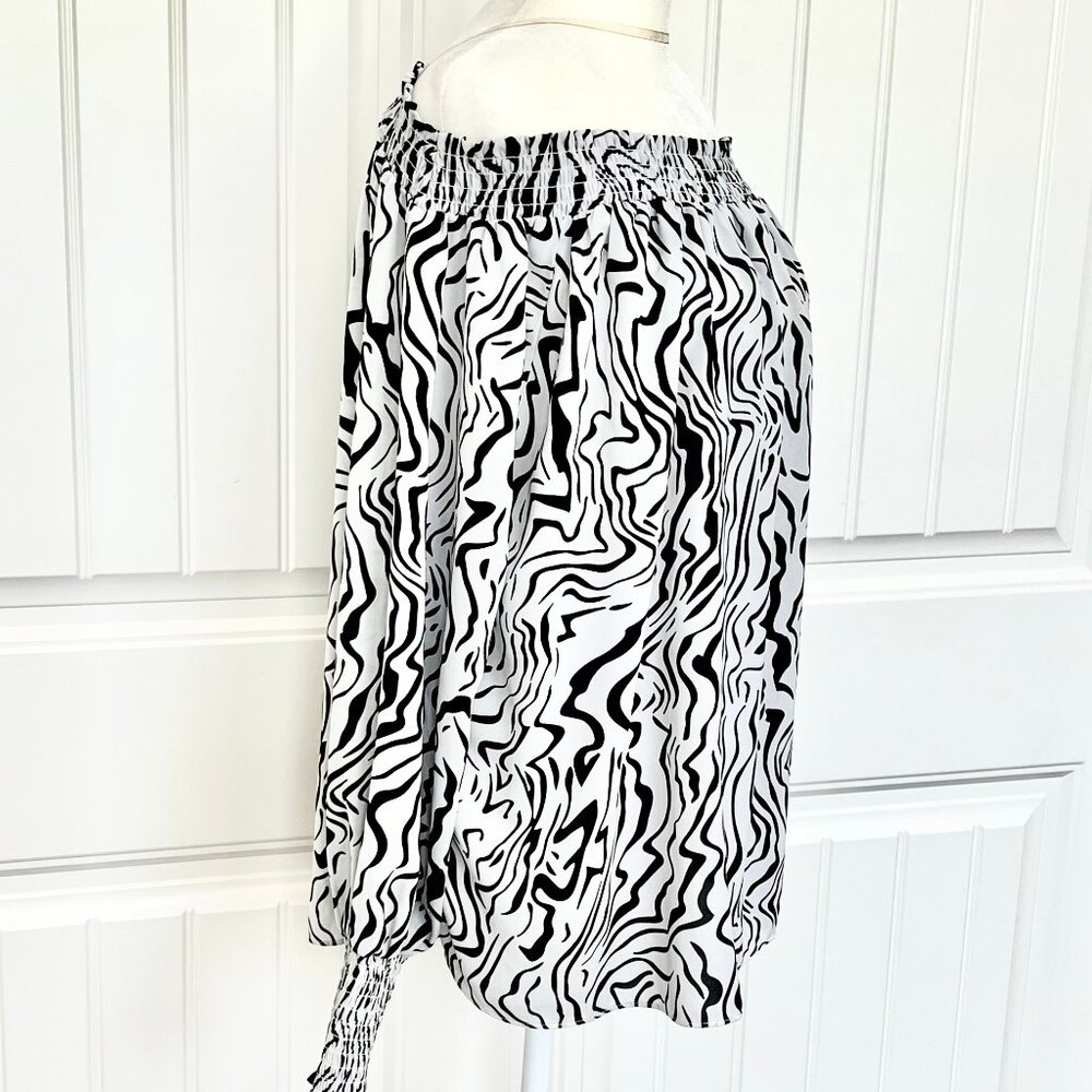 Milano Black & White Off-the-Shoulder Smocked Long Sleeve Zebra Print Tunic Top - Picture 2 of 6